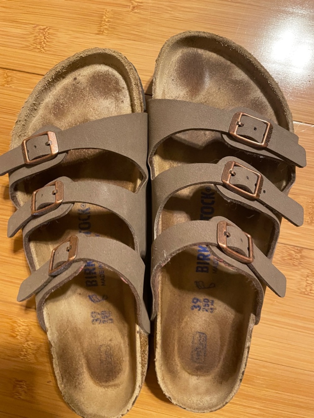 Birkenstock Three-Strap Sandals in Taupe with Copper Buckles